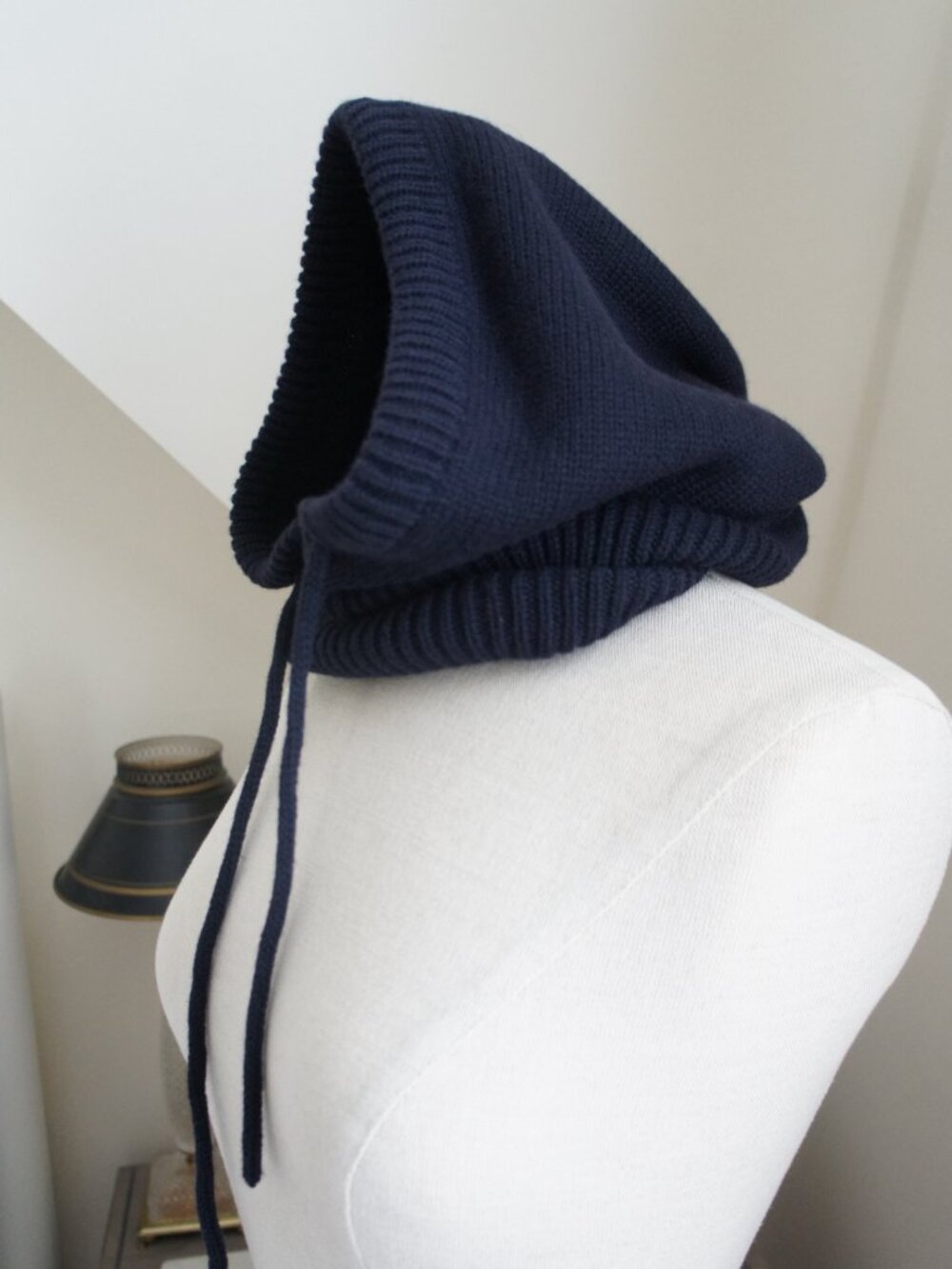 Dark Navy Merino Wool Hand Knitted Hood, Cowl, Balaclava With Drawstrings NWT - Picture 5 of 8
